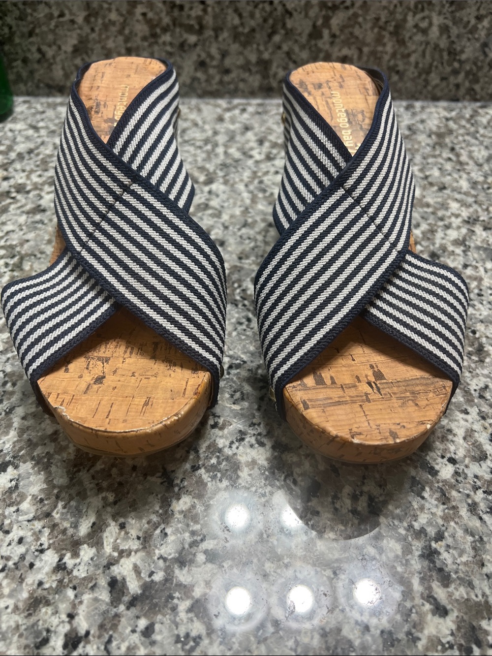 Montego Bay Club Navy & White Striped Crisscross Cork Wedge Sandals Size 7.5